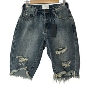One Teaspoon Jean Shorts Women 26 Blue‎ Cutoff Trucker Distressed Button Fly New